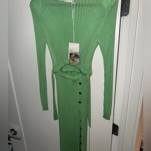 Self-Portrait Spearmint Ribbed Button-Front Long Sleeve Midi Dress NWT